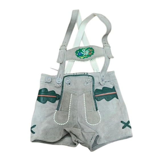 80s Leather Lederhosen Brown/Grey with Green and Red Leather Piping Details - Picture 3 of 11